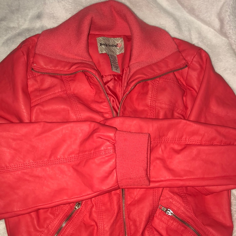 Coral colored leather jacket
